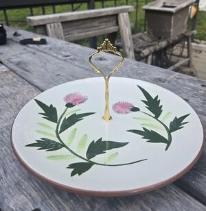 Stangl Pottery Pink Thistle Tidbit Serving Plate Gold Handle
